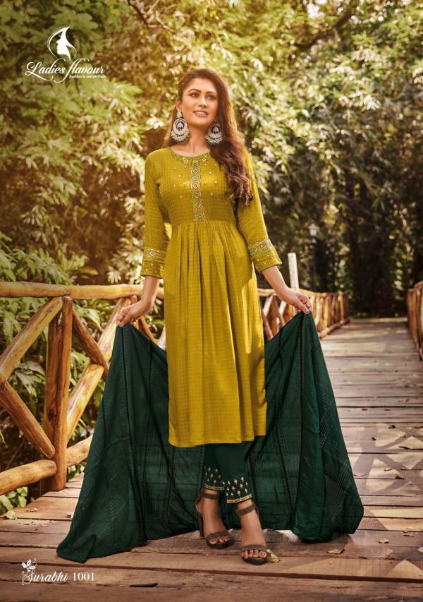 Ladies Flavour Surabhi Exclusive Rayon Kurti With Bottom Dupatta Collection